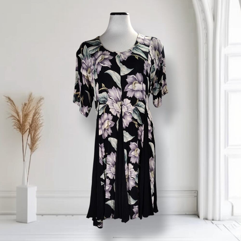 Vintage 90s Starina Floral Grunge Dress Black Pleated Midi L